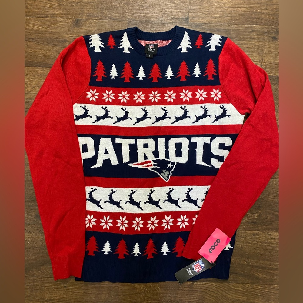 New England Men’s Red & Navy Holiday Sweater